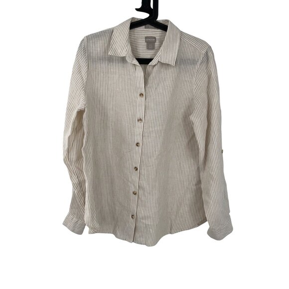 Chico’s no iron 100% linen roll tab button up top shirt size 0.5 S 6 tan striped - Picture 2 of 7